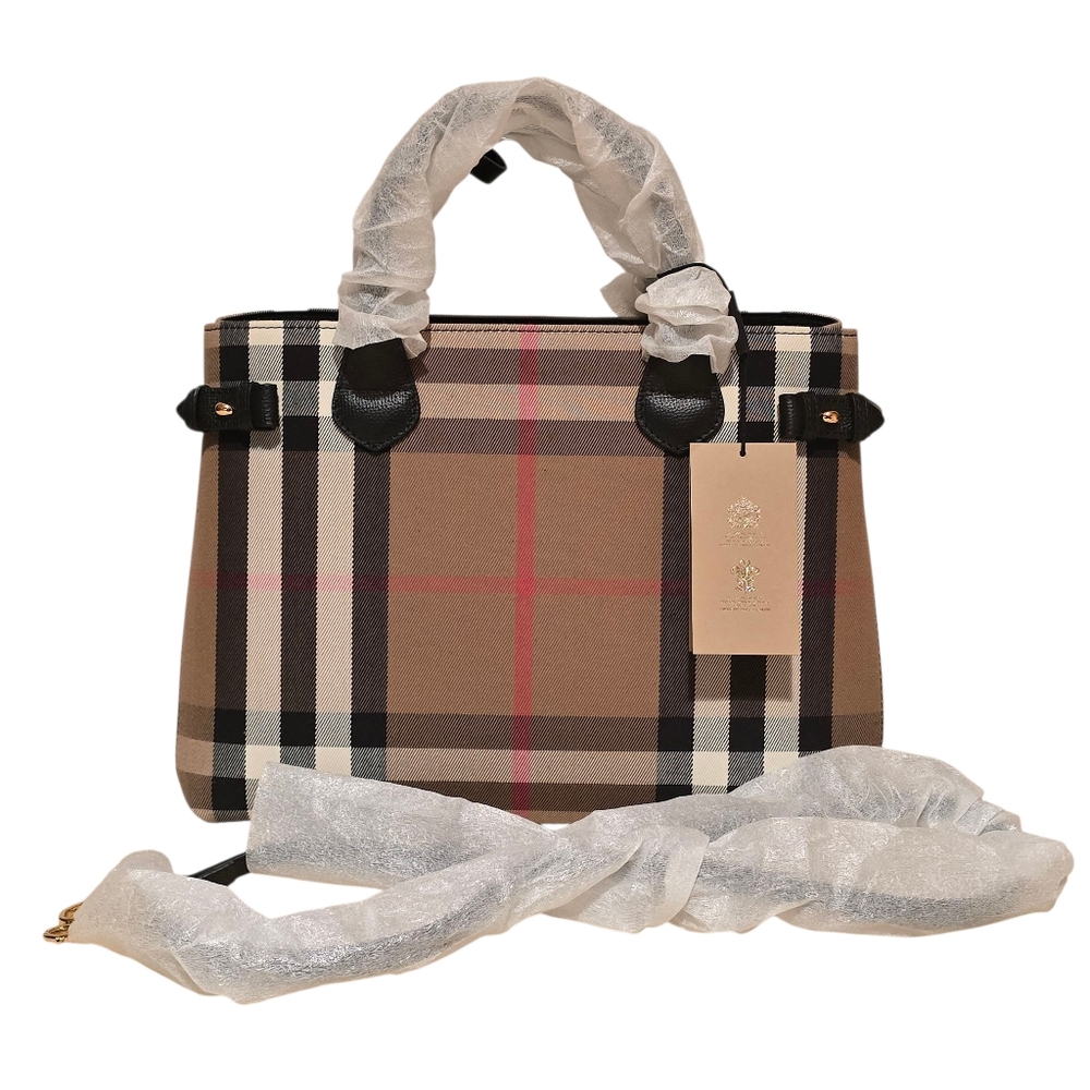 NWT Burberry Banner Tote House Check Derby Canvas Shoulder Bag